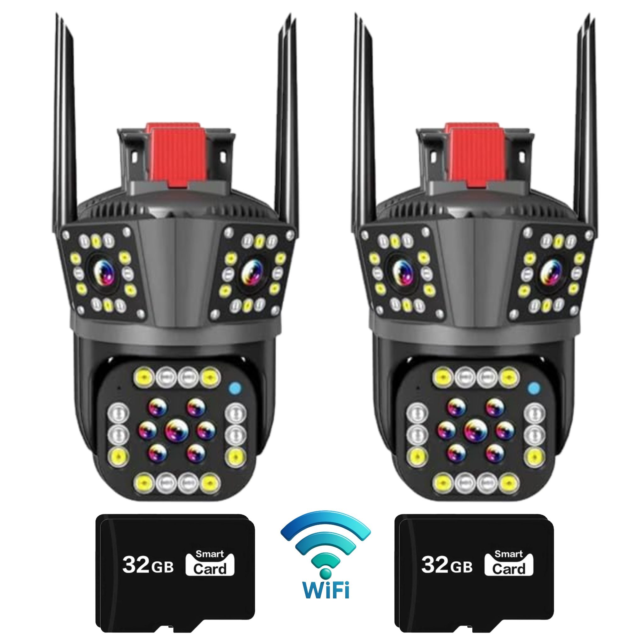 Set 2x Camera Supraveghere Tripla, WiFi, 6K 12MP, Zoom Digital 8X, AI Detectie Miscare, Vedere Nocturna Color, Rotatie 355°/90°, Alarma Miscare, Rezistenta IP66 Plus 2x Card Memorie 32GB