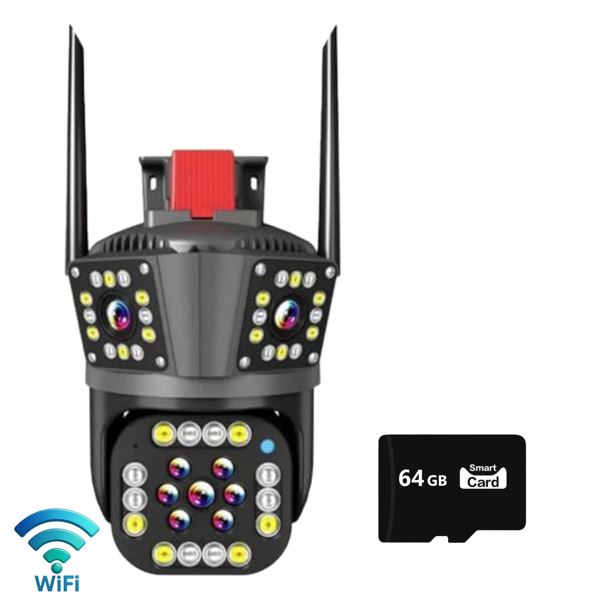Camera Supraveghere Tripla, WiFi, 6K 12MP, Zoom Digital 8X, AI Detectie Miscare, Vedere Nocturna Color, Rotatie 355°/90°, Alarma Miscare, Rezistenta IP66 Plus Card Memorie 64GB