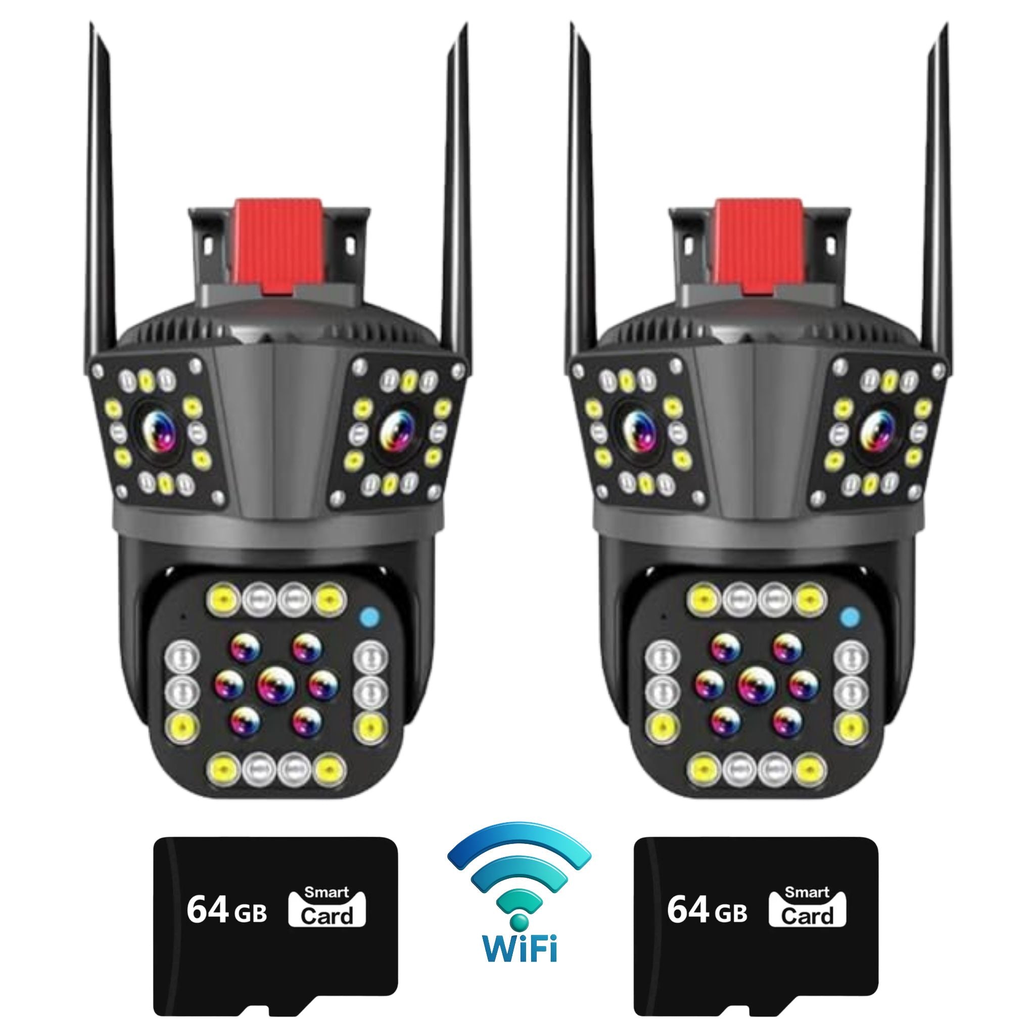 Set 2x Camera Supraveghere Tripla, WiFi, 6K 12MP, Zoom Digital 8X, AI Detectie Miscare, Vedere Nocturna Color, Rotatie 355°/90°, Alarma Miscare, Rezistenta IP66 Plus 2x Card Memorie 64GB