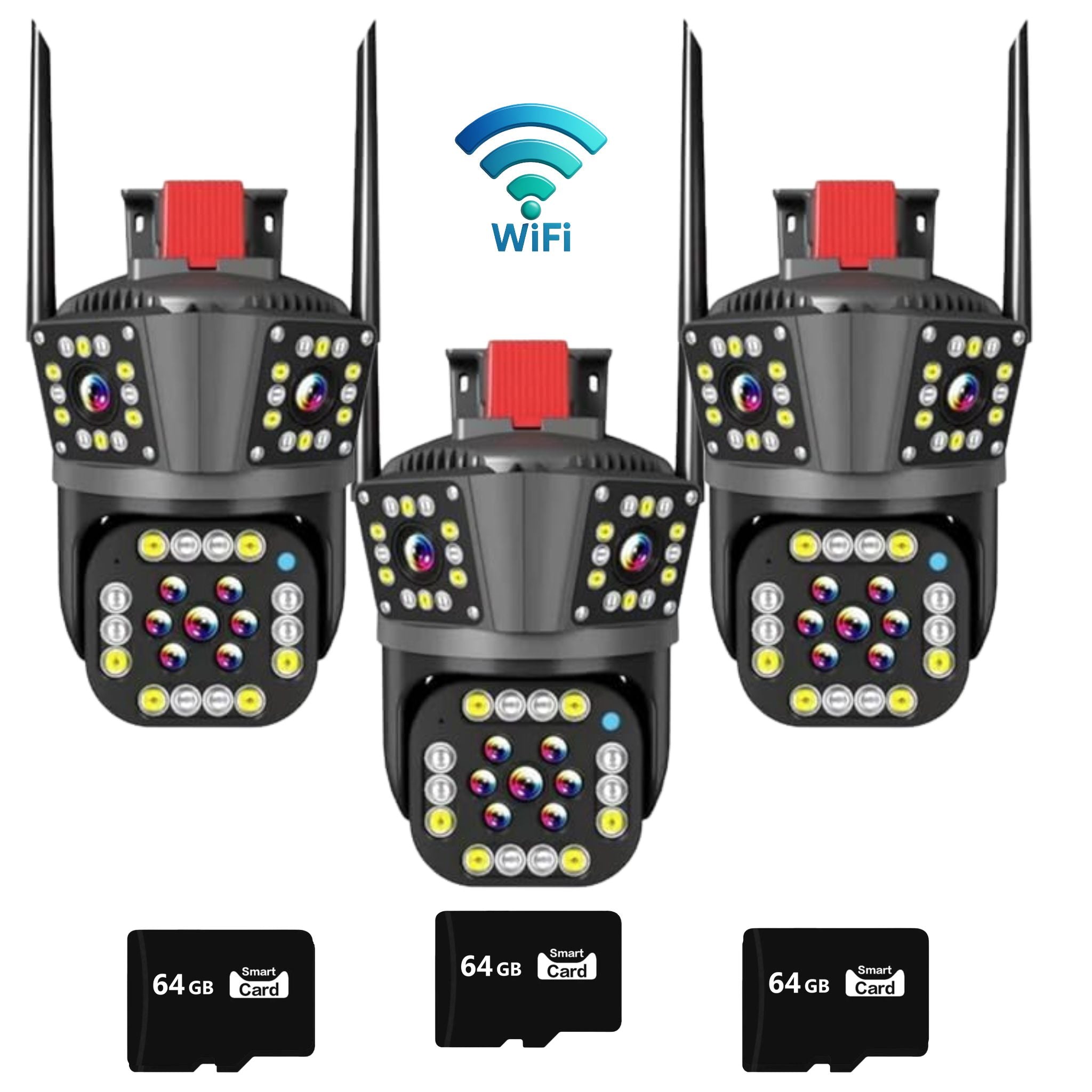 Set 3x Camera Supraveghere Tripla, WiFi, 6K 12MP, Zoom Digital 8X, AI Detectie Miscare, Vedere Nocturna Color, Rotatie 355°/90°, Alarma Miscare, Rezistenta IP66 Plus 3x Card Memorie 64GB