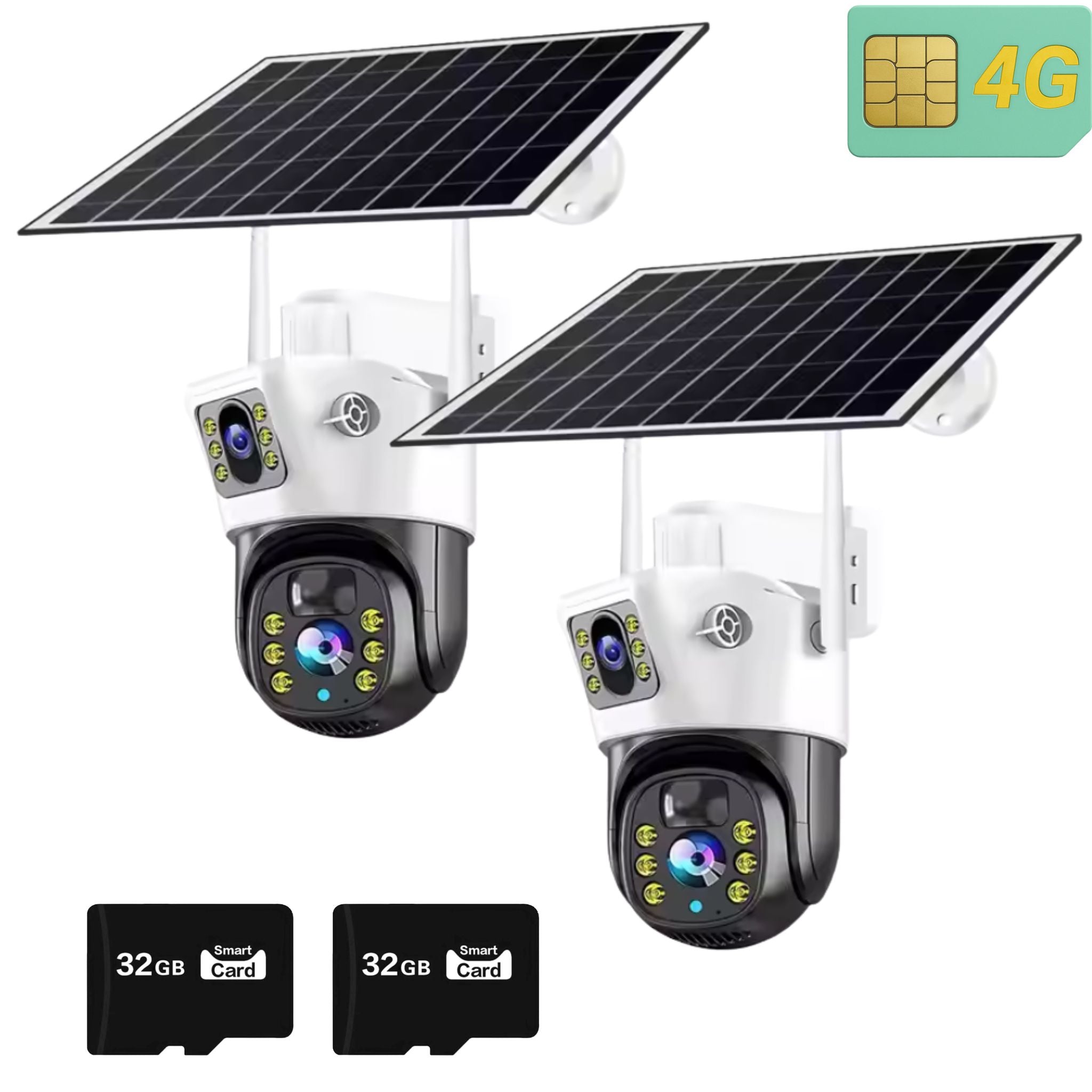 Set 2x Camera de Supraveghere Duala 4G, Panou Solar 7,5W, Rezolutie Ultra HD 6MP 4K, Detectie Umana, Vedere Panoramica si Nocturna Plus 2x Card de Memorie 32GB