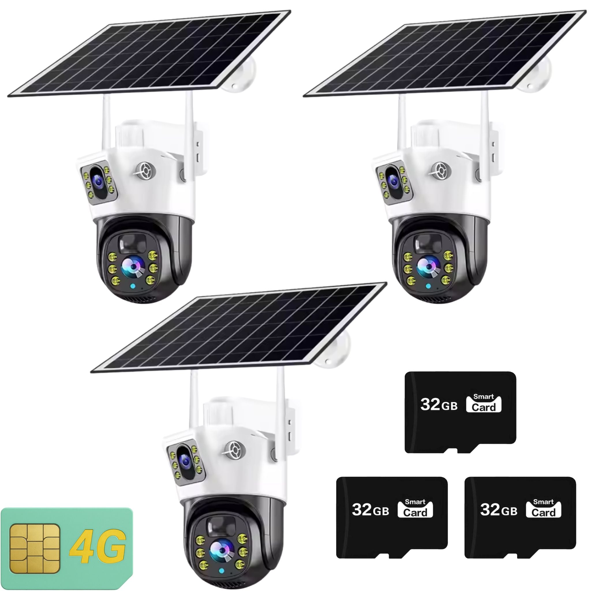 Set 3x Camera de Supraveghere Duala 4G, Panou Solar 7,5W, Rezolutie Ultra HD 6MP 4K, Detectie Umana, Vedere Panoramica si Nocturna Plus 3x Card de Memorie 32GB