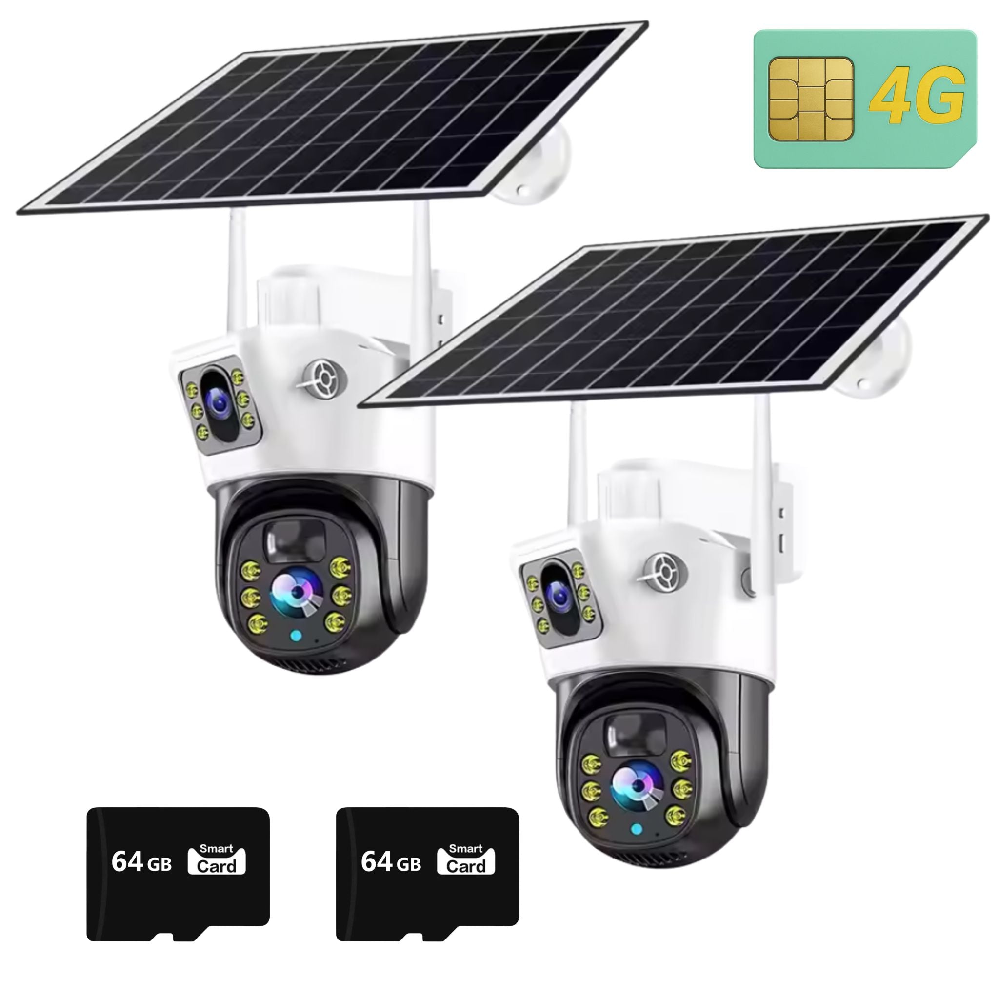 Set 2x Camera de Supraveghere Duala 4G, Panou Solar 7,5W, Rezolutie Ultra HD 6MP 4K, Detectie Umana, Vedere Panoramica si Nocturna Plus 2x Card de Memorie 64GB