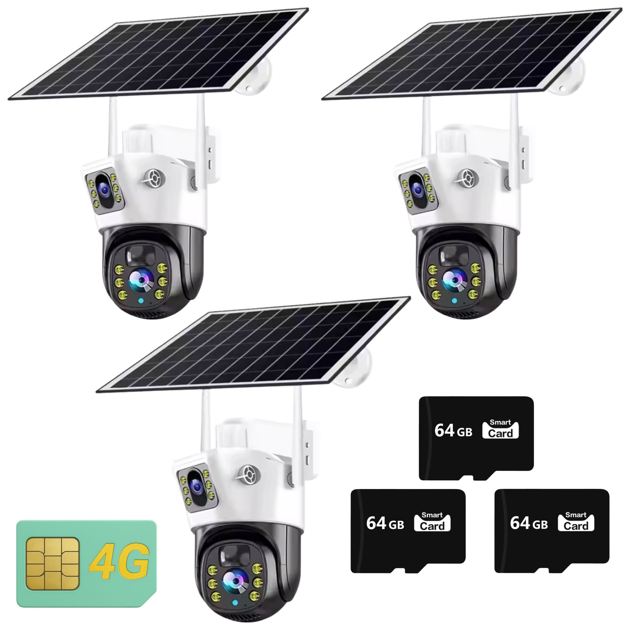 Set 3x Camera de Supraveghere Duala 4G, Panou Solar 7,5W, Rezolutie Ultra HD 6MP 4K, Detectie Umana, Vedere Panoramica si Nocturna Plus 3x Card de Memorie 64GB