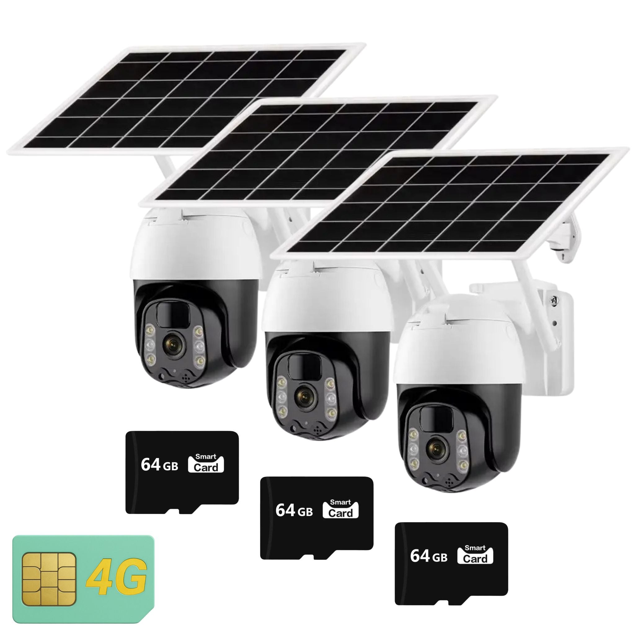 Set 3x Camera De Supraveghere Solara 4G Cartela SIM, Full HD1080p, 3 MP, Zoom 10X, Panou Solar 9W, IP 66, Vizualizare 350° Plus 3x Card Memorie 64GB