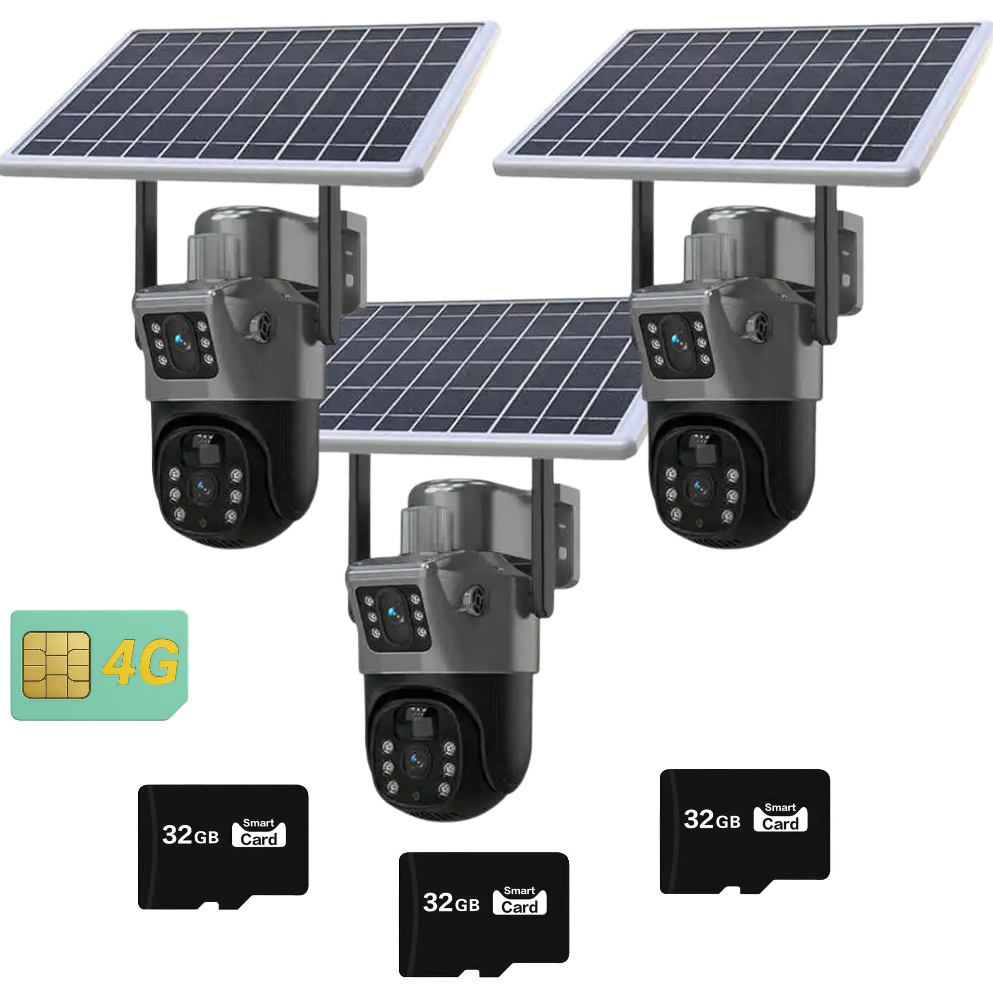Set 3x Camera de Supraveghere Duala 4G, Rezoluie 6MP, Slot Cartela SIM, Panou Solar 7,5W, Detectie Umana, Viziune Nocturna, Rezistenta IP66, Control Total Plus 3x Card Memorie 32GB