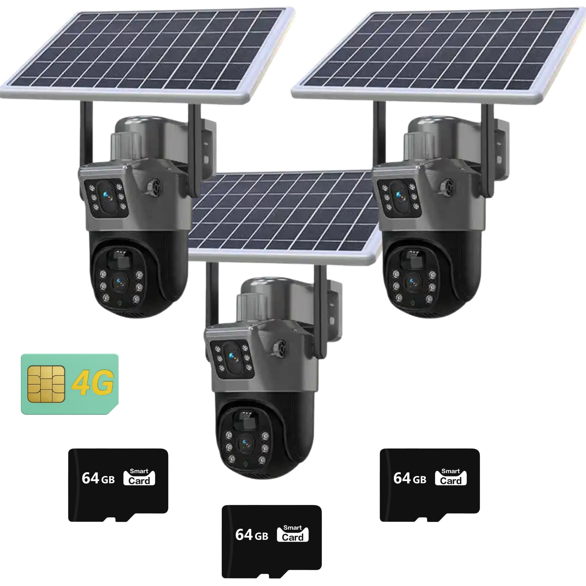 Set 3x Camera de Supraveghere Duala 4G, Rezoluie 6MP, Slot Cartela SIM, Panou Solar 7,5W, Detectie Umana, Viziune Nocturna, Rezistenta IP66, Control Total Plus 3x Card Memorie 64GB