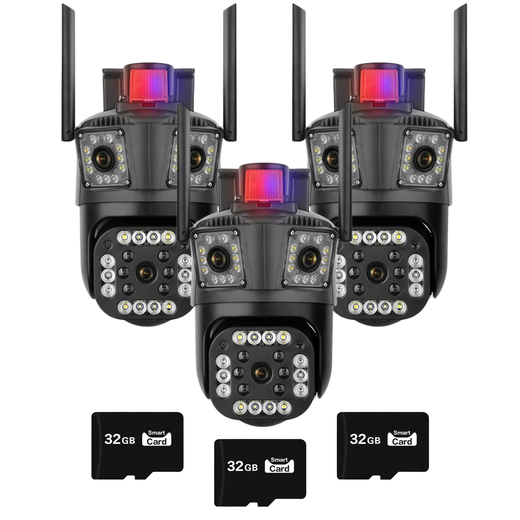 Set 3x Camera Supraveghere Tripla, WiFi, 6K 12MP, Zoom Digital 8X, AI Detectie Miscare, Vedere Nocturna Color, Rotatie 355°/90°, Alarma Miscare, Rezistenta IP66 Plus 3x Card Memorie 32GB