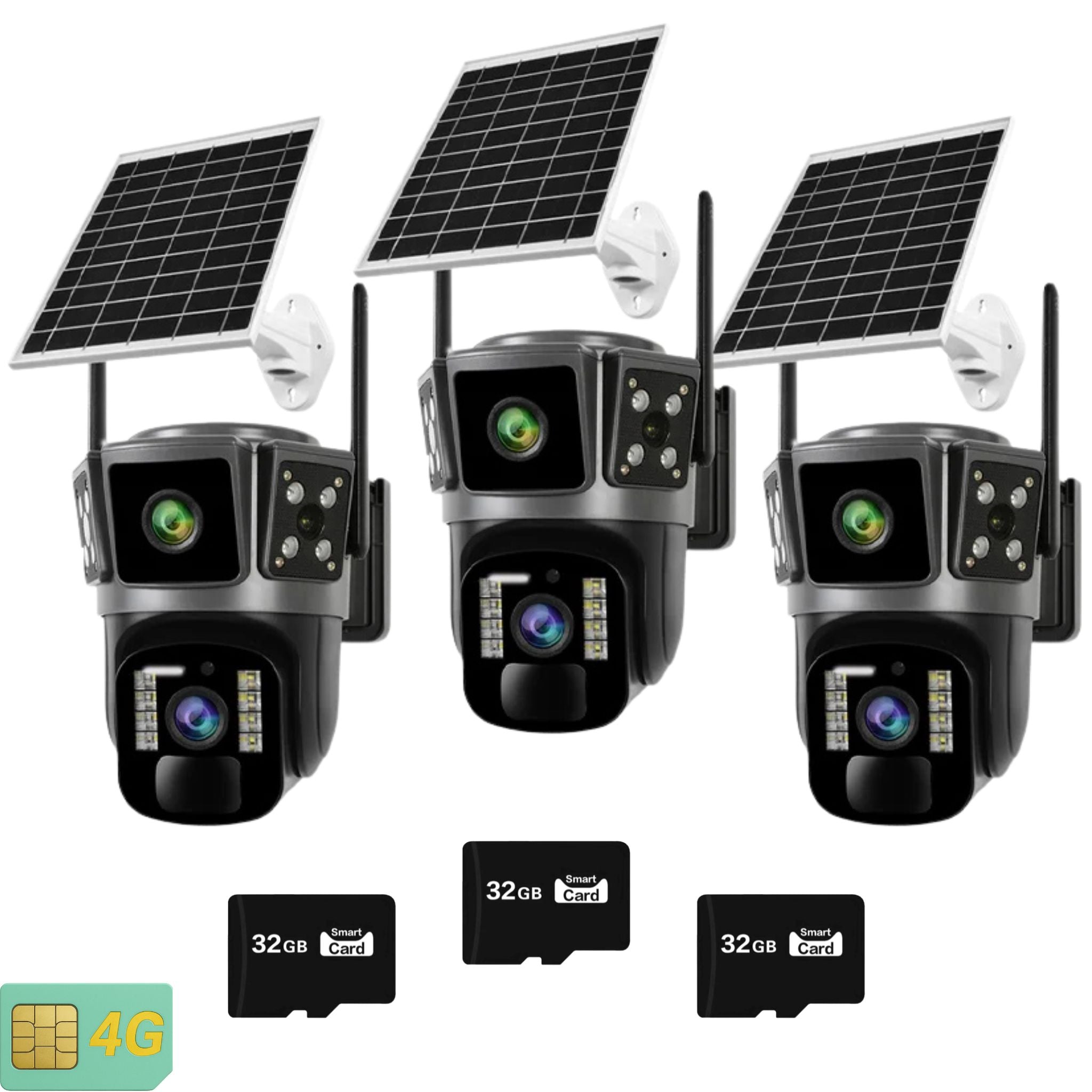 Set 3x Camera Solara Dubla 4G O-KAM PRO 6MP Ultra HD cu Viziune Nocturna, Detectare Miscare, Inteligent Artificiala Plus 3x Card Memorie 32GB