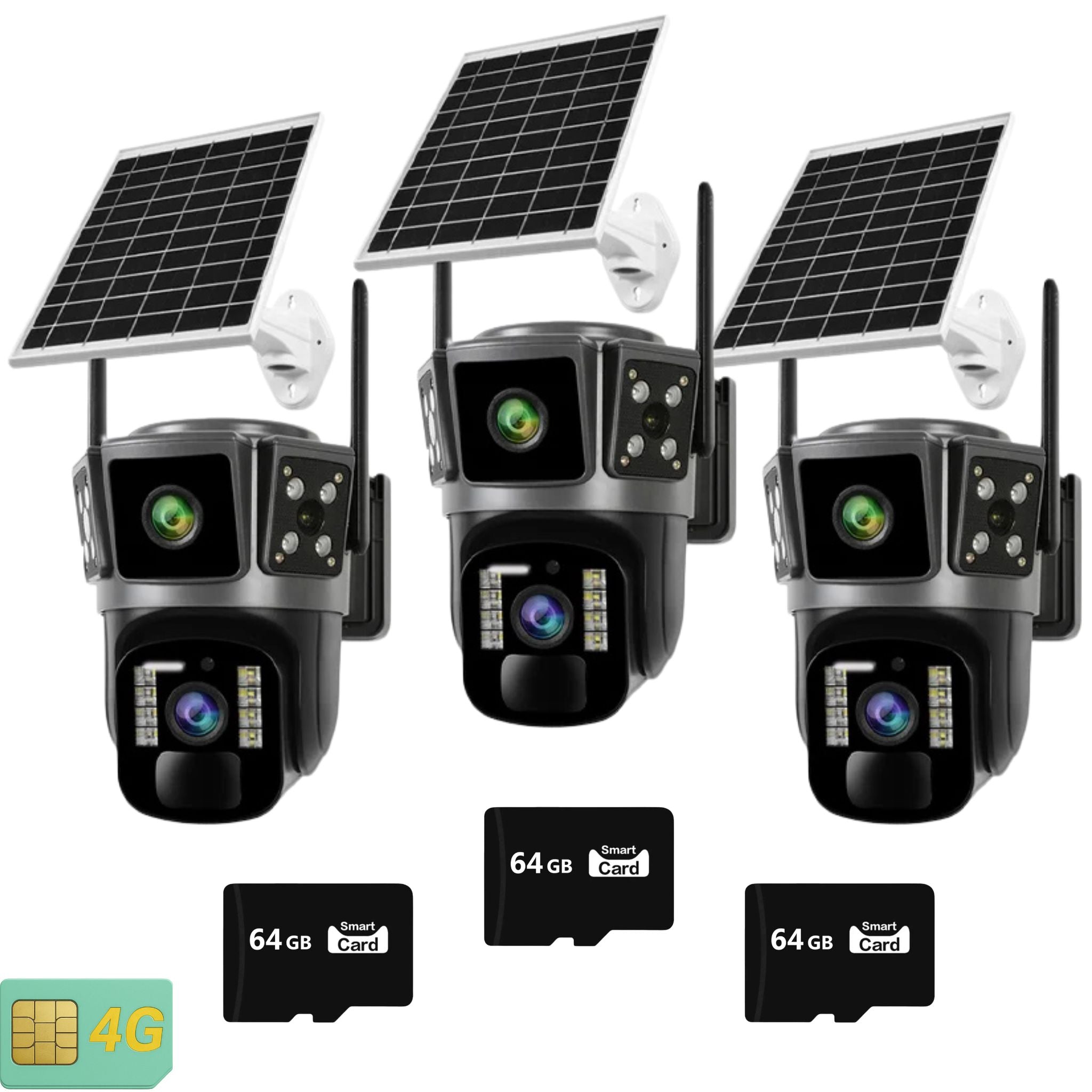 Set 3x Camera Solara Dubla 4G O-KAM PRO 6MP Ultra HD  cu Viziune Nocturna, Detectare Miscare, Inteligent Artificiala Plus 3x Card Memorie 64GB