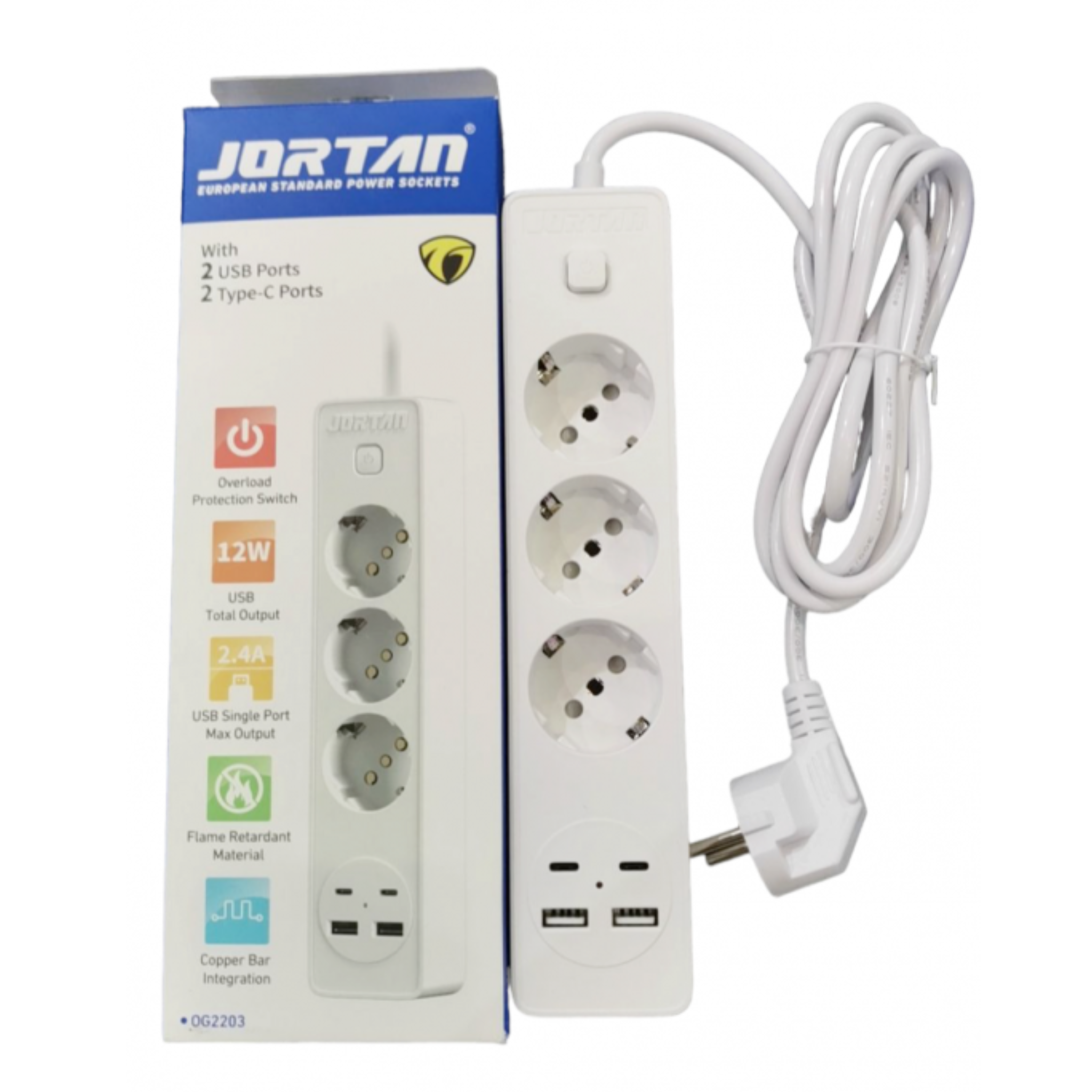 Prelungitor Jortan 3 Prize, 2 Porturi USB, 2 Porturi Type-C, 2M Lungime, Buton On/Off, Protectie Supratensiune