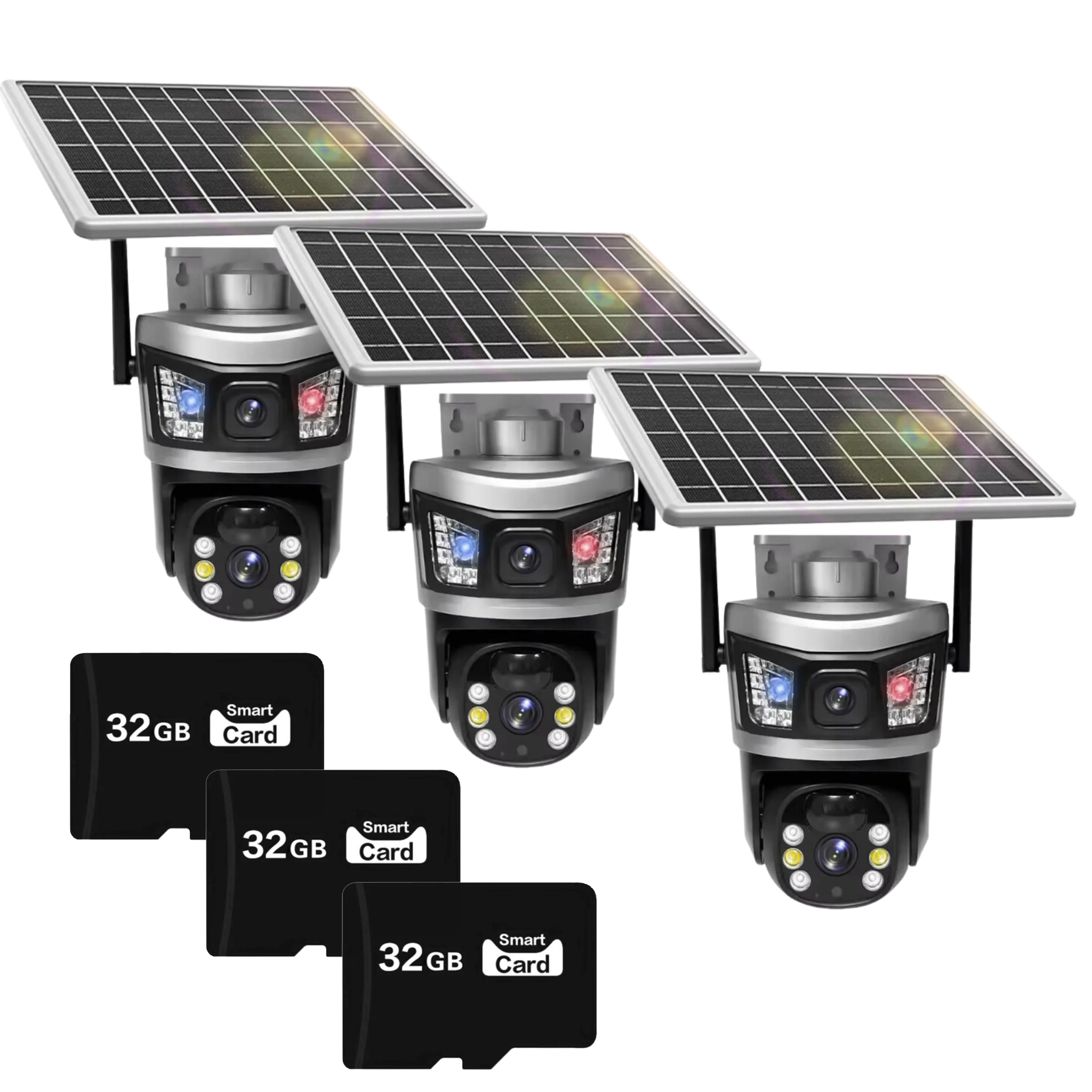 Set 3x Camera de Supraveghere Duala 6MP, cu Conectivitate Cartela SIM 4G, Panou Solar, Functii Avansate de Securitate, Viziune Nocurna Plus 3x Card 32GB