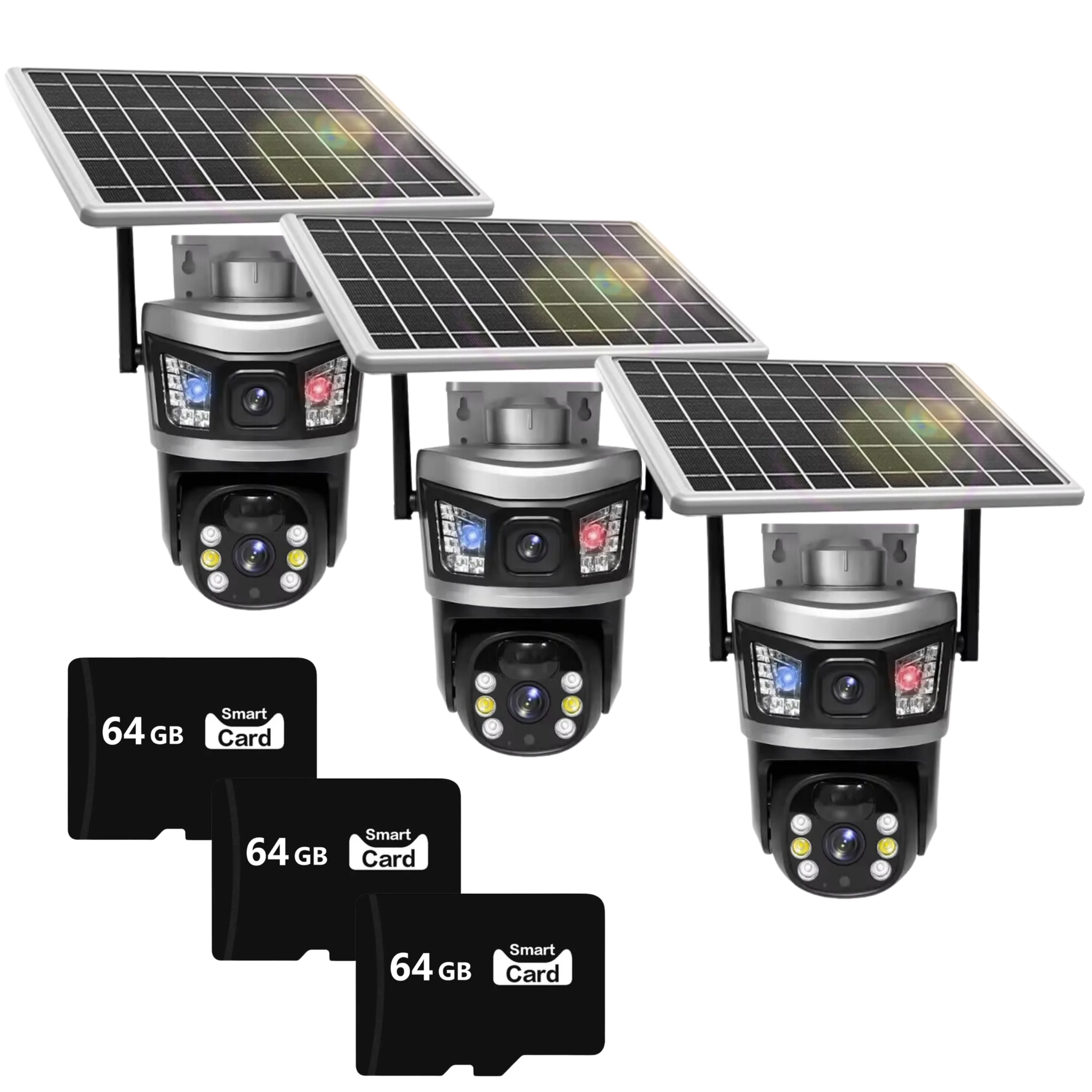 Set 3x Camera de Supraveghere Duala 6MP, cu Conectivitate Cartela SIM 4G, Panou Solar, Functii Avansate de Securitate, Viziune Nocurna Plus 3x Card 64GB