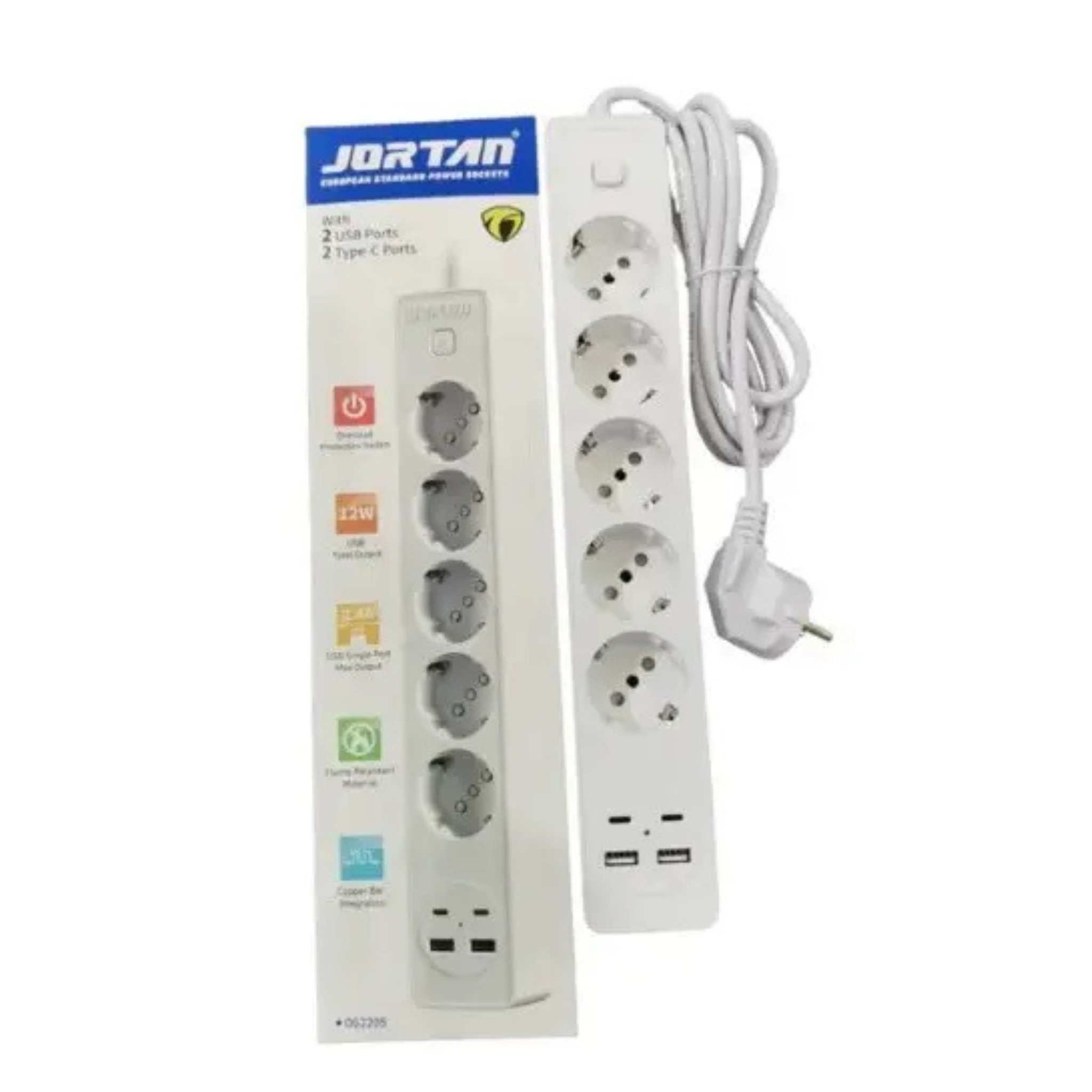 Prelungitor Jortan 5 Prize, 2 Porturi USB, 2 Porturi Type-C, 2M Lungime, Buton On/Off, Protectie Supratensiune