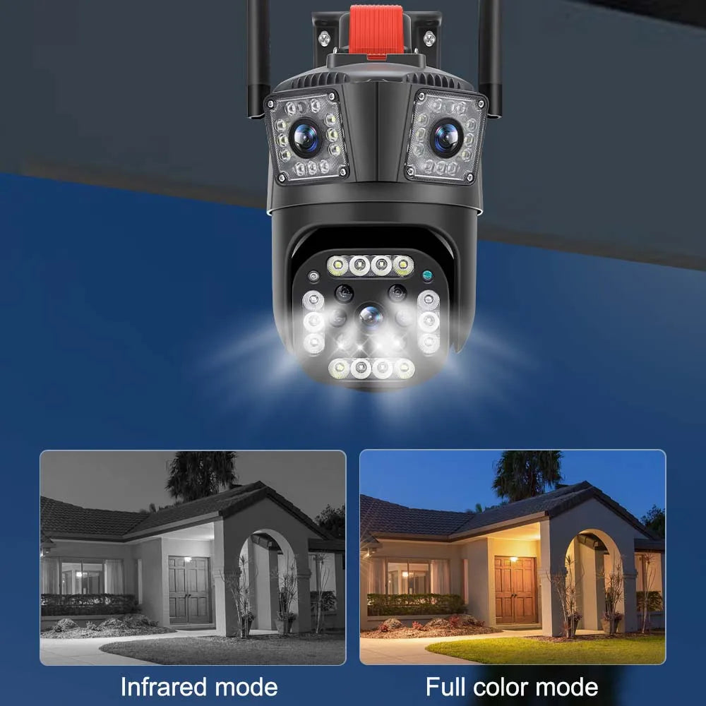 Set 2x Camera Supraveghere Tripla, WiFi, 6K 12MP, Zoom Digital 8X, AI Detectie Miscare, Vedere Nocturna Color, Rotatie 355°/90°, Alarma Miscare, Rezistenta IP66 Plus 2x Card Memorie 32GB