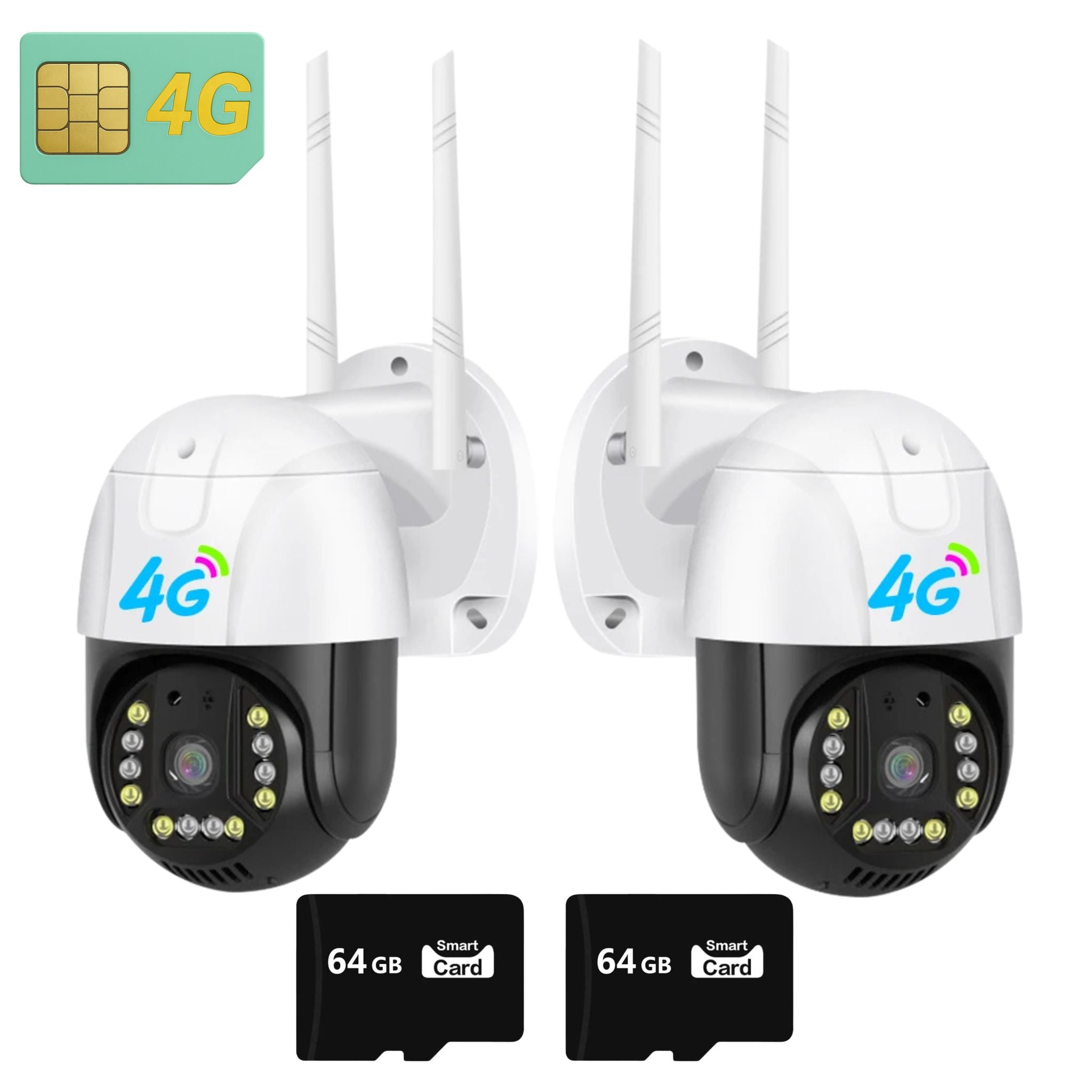 Set 2x Camera Smart 4G Dasgut V380 Pro, Full HD1080p, Detectie Umana, Rezolutie 3.0MP, LED-uri IR, Viziune Nocturna, Rezistenta IP 66 Plus 2x Card 64GB