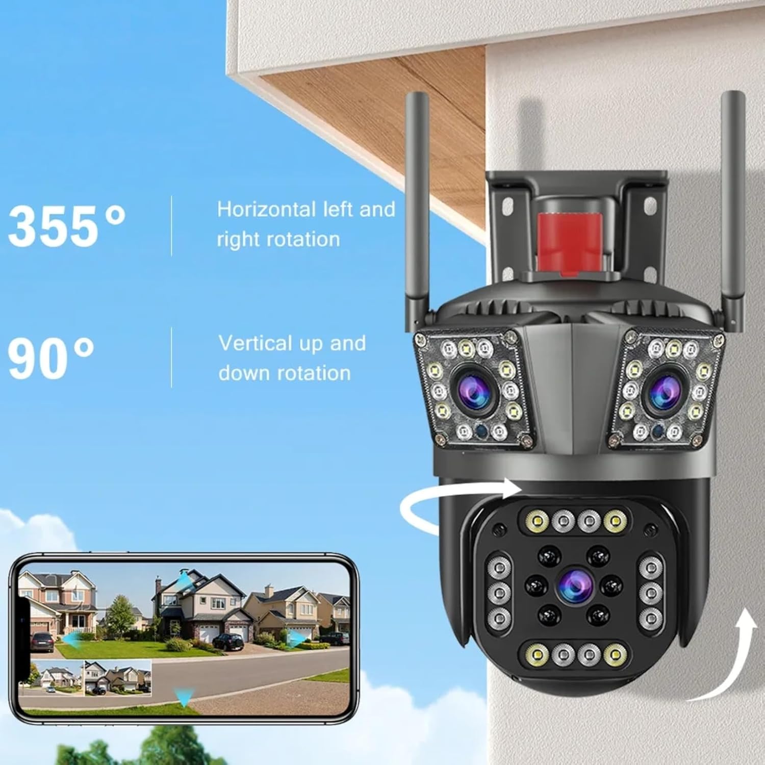 Set 2x Camera Supraveghere Tripla, WiFi, 6K 12MP, Zoom Digital 8X, AI Detectie Miscare, Vedere Nocturna Color, Rotatie 355°/90°, Alarma Miscare, Rezistenta IP66 Plus 2x Card Memorie 32GB