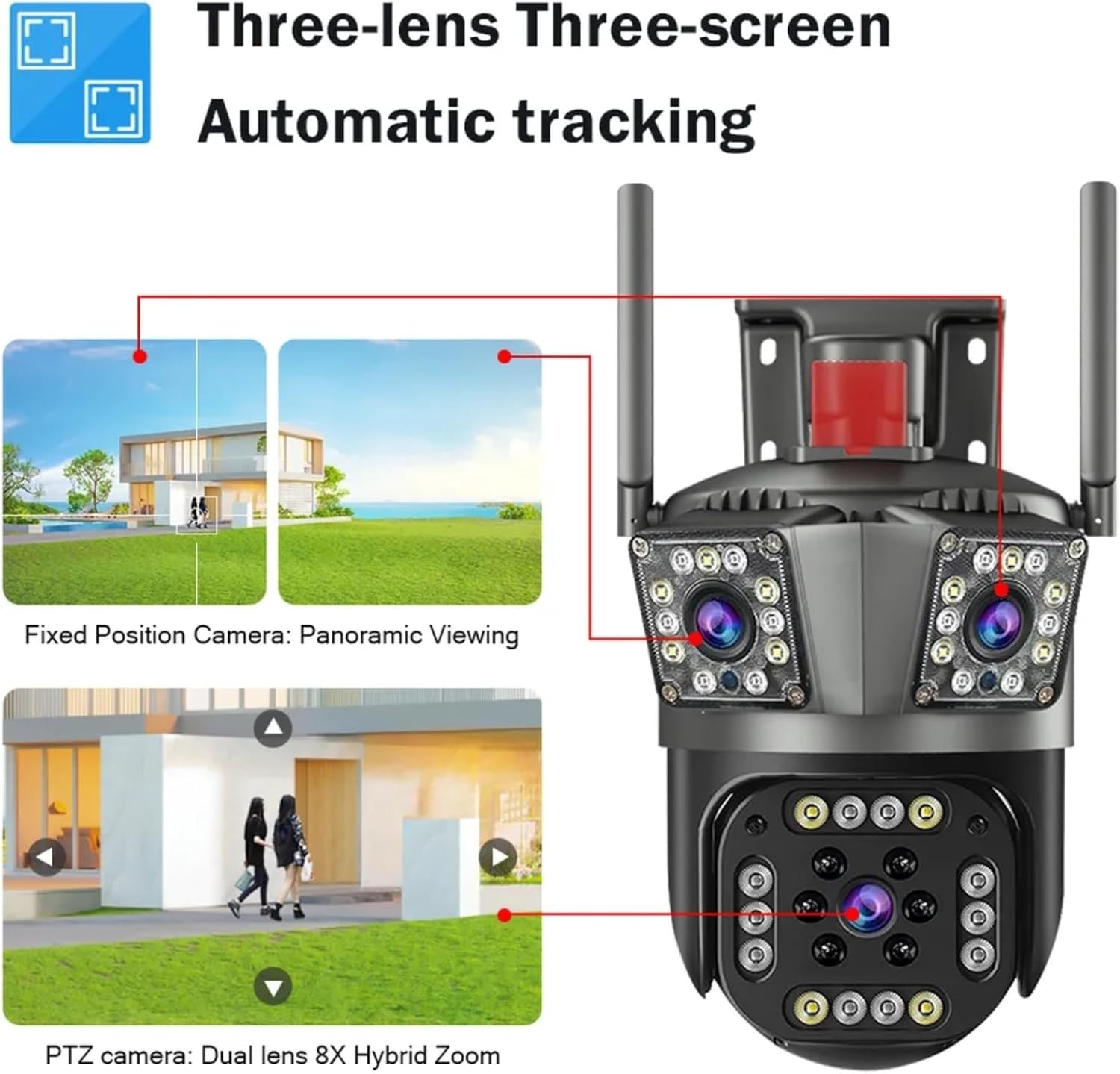 Set 2x Camera Supraveghere Tripla, WiFi, 6K 12MP, Zoom Digital 8X, AI Detectie Miscare, Vedere Nocturna Color, Rotatie 355°/90°, Alarma Miscare, Rezistenta IP66 Plus 2x Card Memorie 64GB