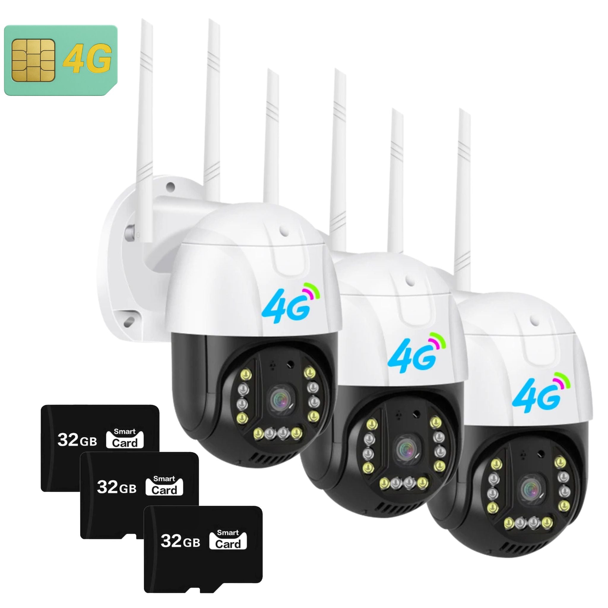 Set 3x Camera Smart 4G Dasgut V380 Pro, Full HD1080p, Detectie Umana, Rezolutie 3.0MP, LED-uri IR, Viziune Nocturna, Rezistenta IP 66 Plus 3x Card 32GB