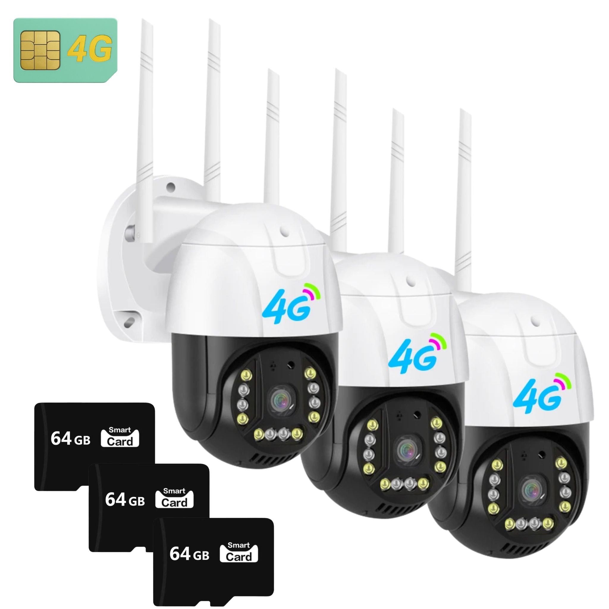 Set 3x Camera Smart 4G Dasgut V380 Pro, Full HD1080p, Detectie Umana, Rezolutie 3.0MP, LED-uri IR, Viziune Nocturna, Rezistenta IP 66 Plus 3x Card 64GB