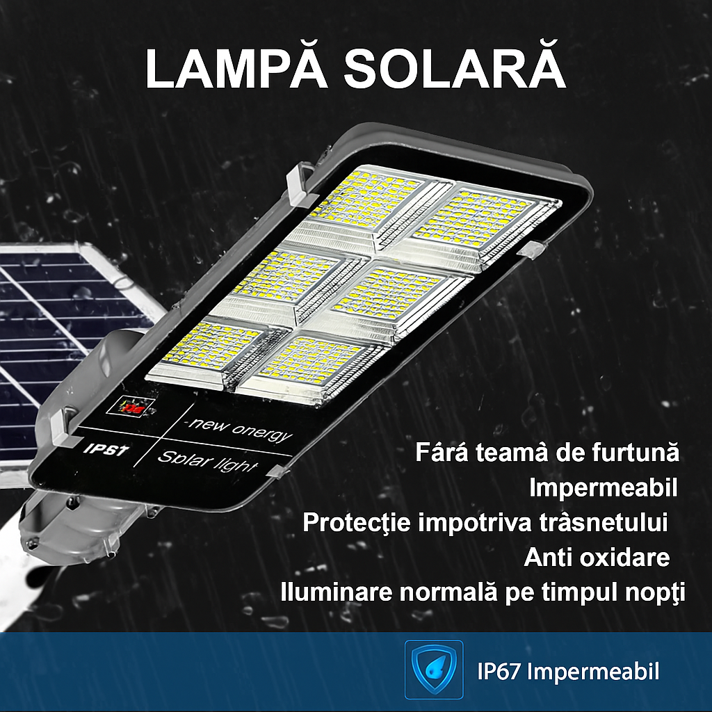 Lampa Solara LED 400W Jortan cu Panou, Telecomanda si Suport Metalic IP65 Exterior