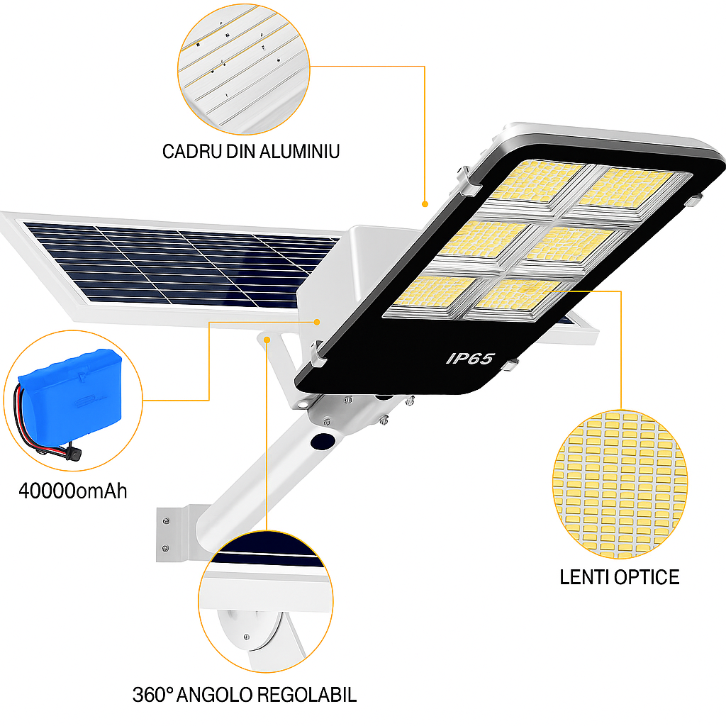 Lampa Solara LED 400W Jortan cu Panou, Telecomanda si Suport Metalic IP65 Exterior
