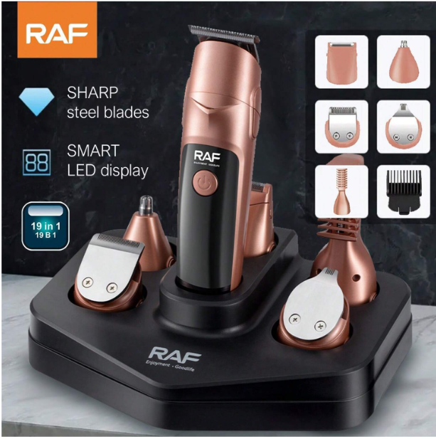Set Profesional RAF 19 Accesorii, Aparat de Tuns si Trimmer, Lame Otel, Incarcare USB