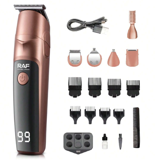 Set Profesional RAF 19 Accesorii, Aparat de Tuns si Trimmer, Lame Otel, Incarcare USB