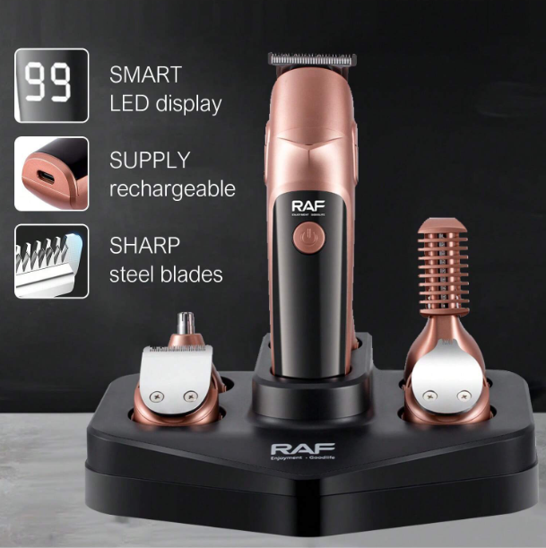 Set Profesional RAF 19 Accesorii, Aparat de Tuns si Trimmer, Lame Otel, Incarcare USB