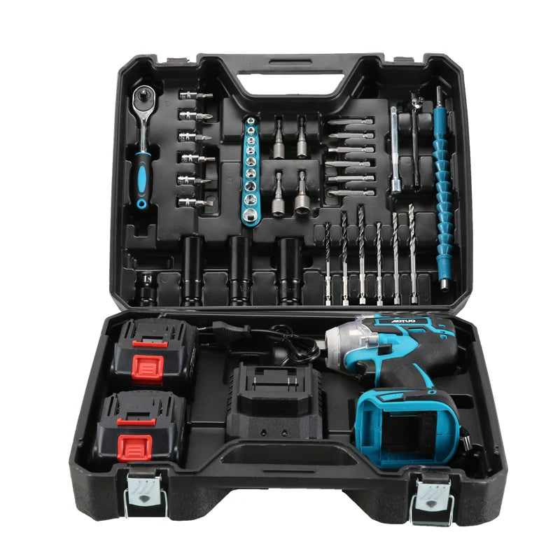 Trusa Cheie de Impact 48V 550Nm cu Valiza, 2 Acumulatori si 43 Accesorii